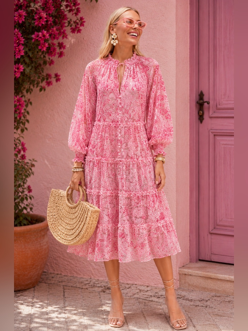 Alice + Olivia Pink Floral Tiered Midi Dress NWT XS